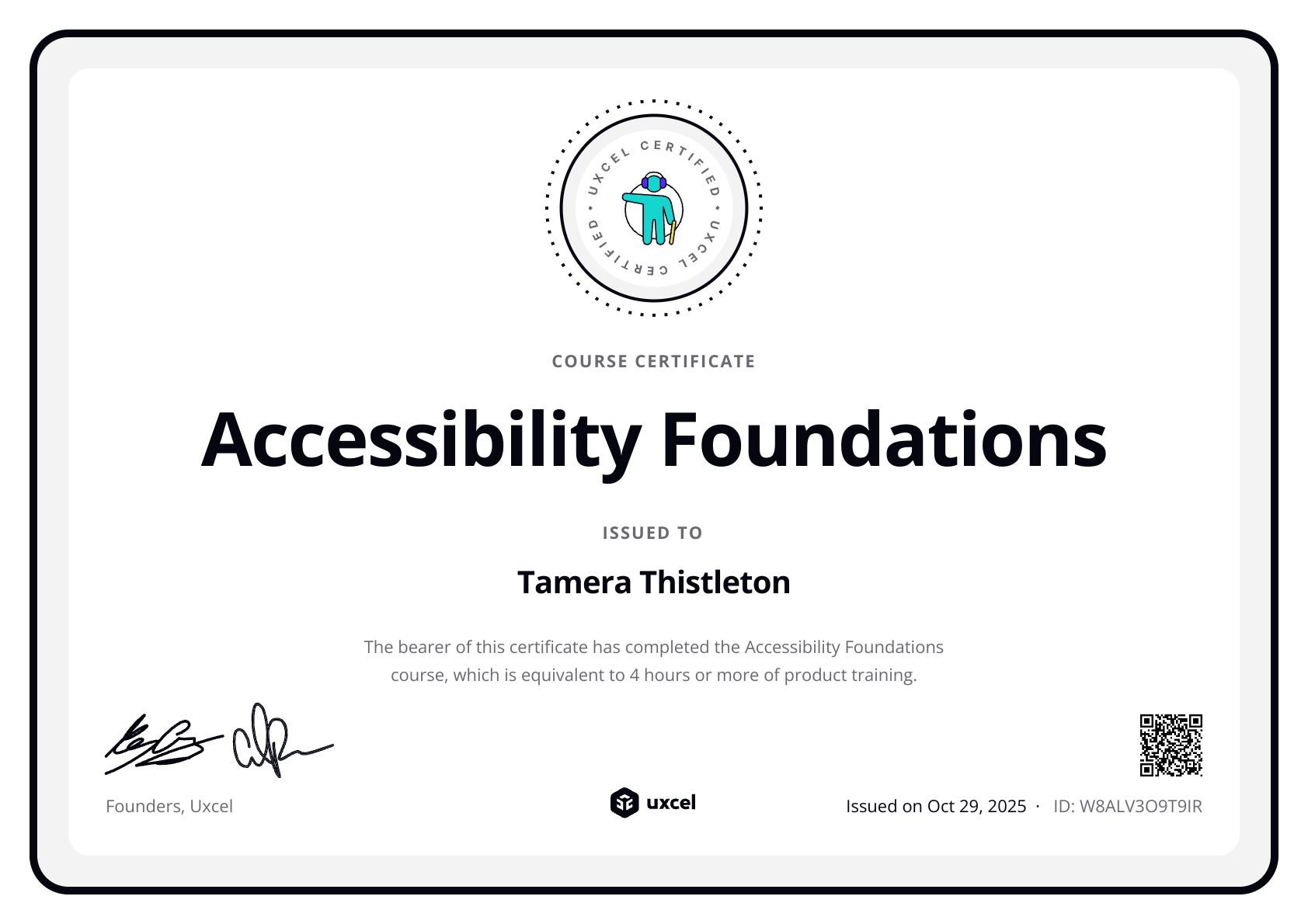 Tamera T's certificate